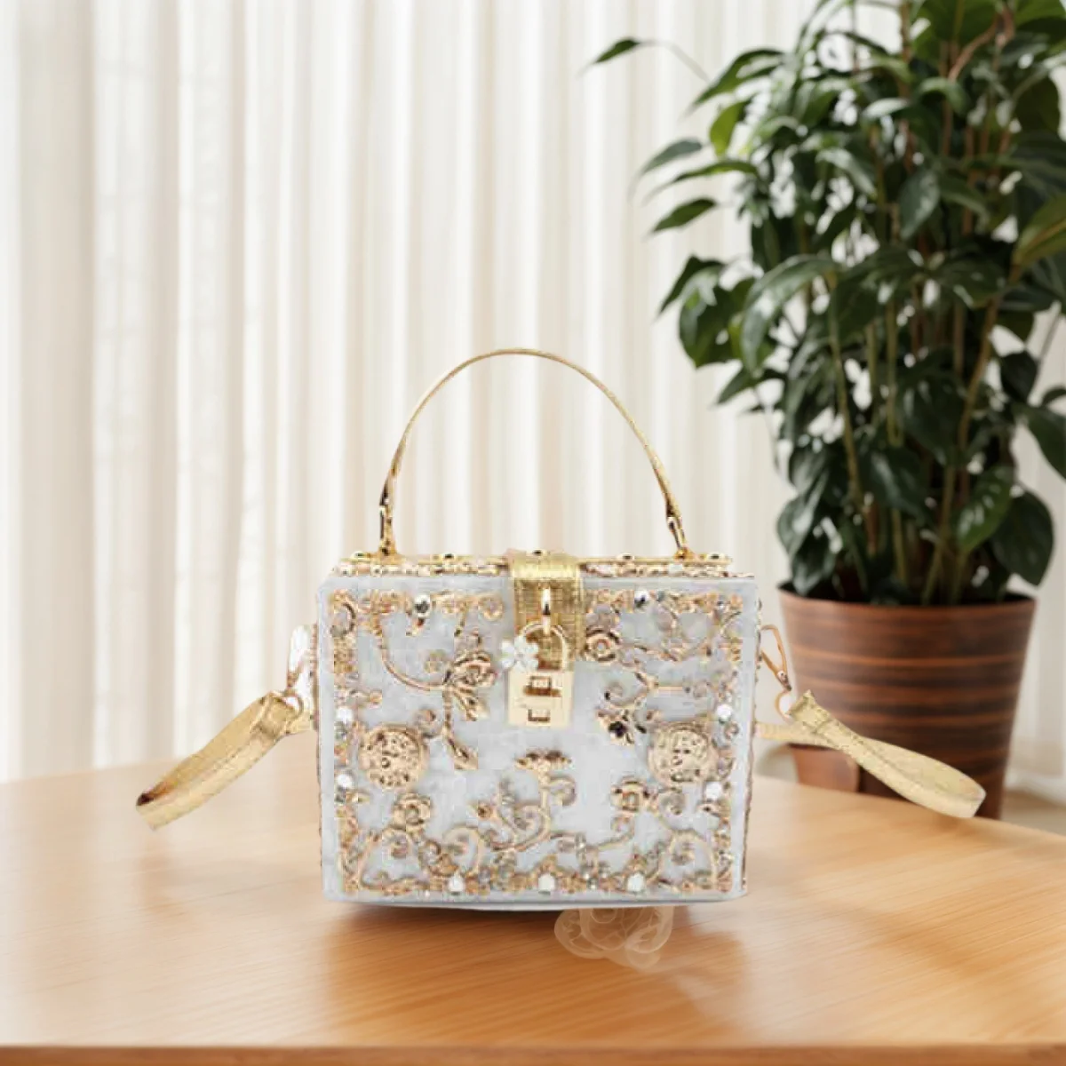 

Women Metal Floral Clutch Purse Acrylic Square Box Crossbody Bag PU Handle Evening Handbag for Banquet Cocktail