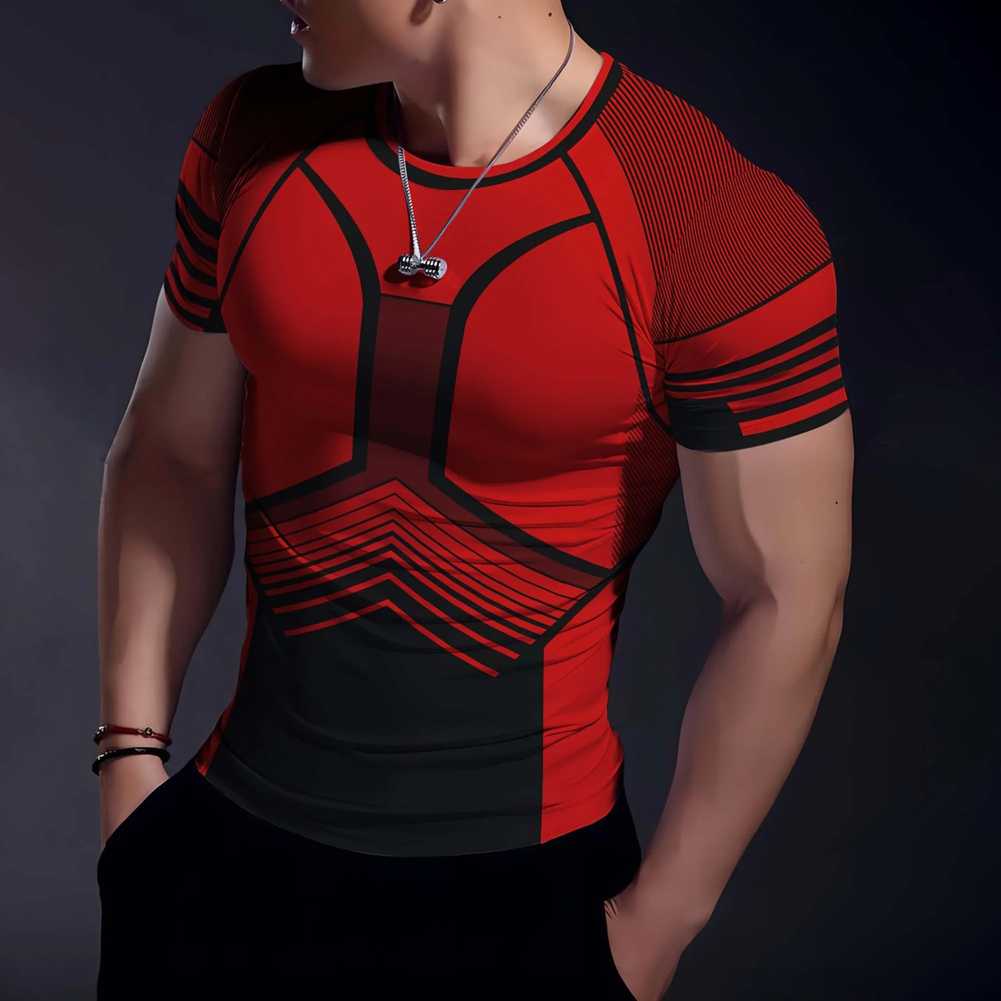 Herren 3D-Druck Geometrisches Streifenmuster Kompressions-T-Shirt Schnelltrocknend Kurzarm Fitness Lauf- und Trainings-Oberteil – Detail 4