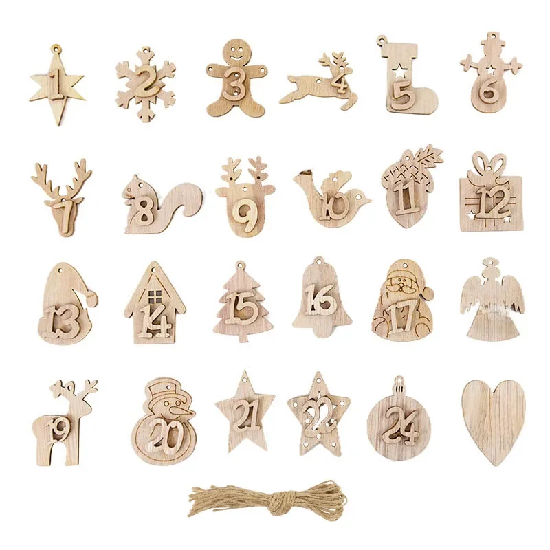 Calendrier de l'Avent de Noël avec chiffres 1-24, pendentif en bois, sacs cadeaux de Noël, étiquette de numéro, compte à rebours, 2024, nouvel an