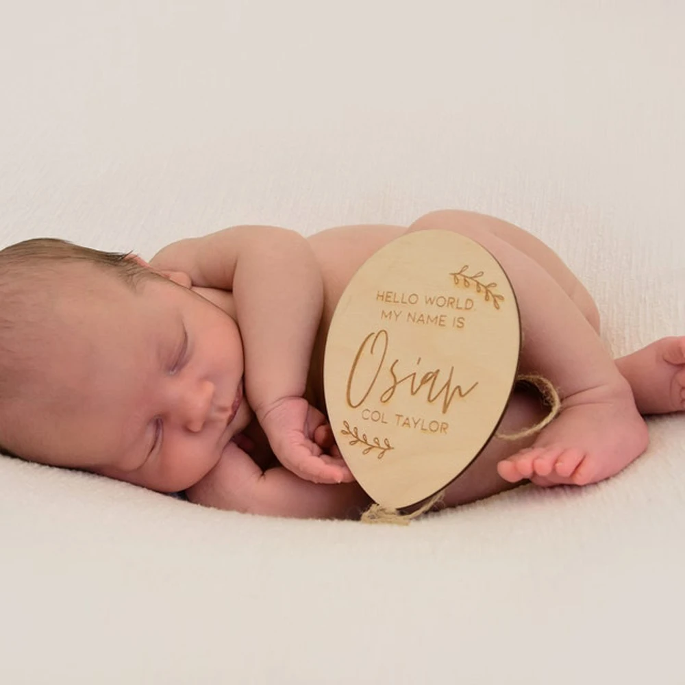 Happy Birthday Name Wooden Sign Newborn Baby Name Sign Plaque Balloon Disc Hello Welcome World Announcement Photo