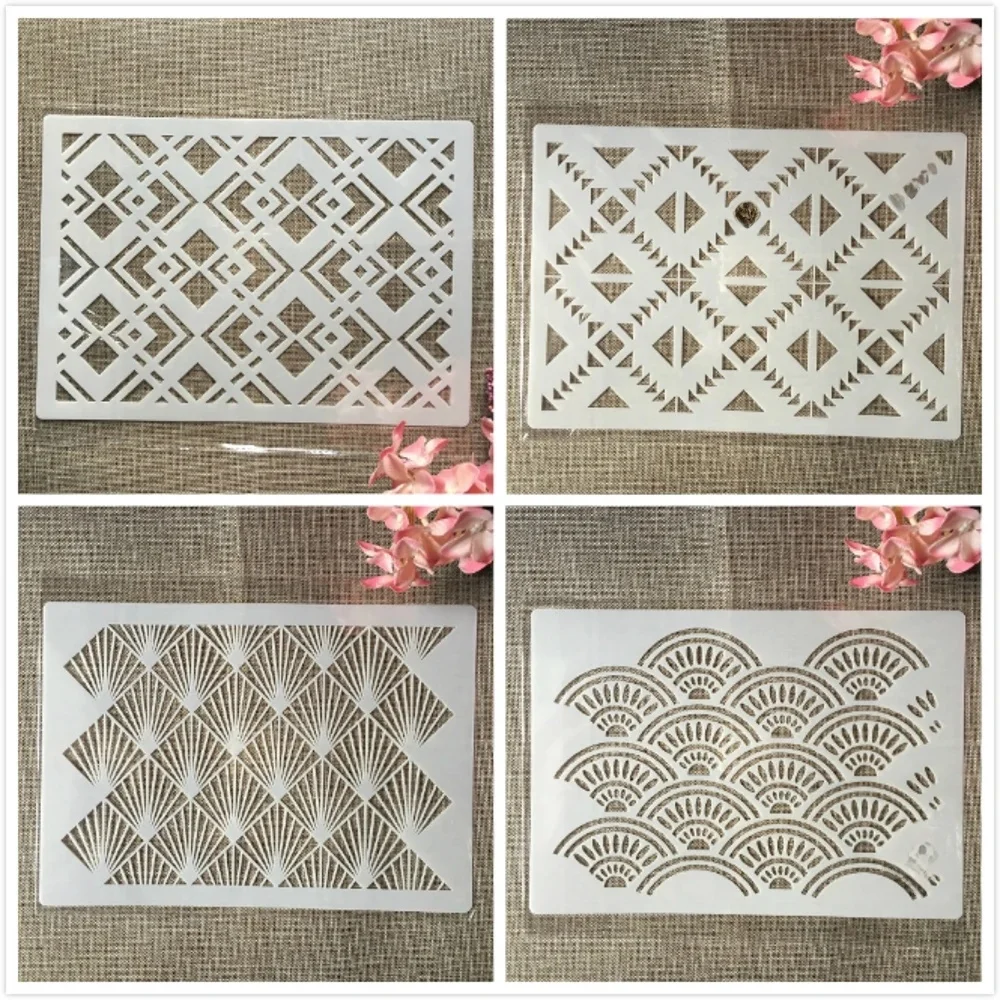 4 sztuk A4 29cm falista geometria tekstura DIY szablony do nakładania warstw malowanie ścian księga gości kolorowanie tłoczenie Album dekoracyjny szablon — zdjęcie 2