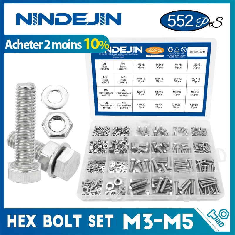 552 pièces/ensemble jeu de boulons hexagonaux externes avec écrous en acier inoxydable m3 m4 m5 m6 boulons et écrous ensemble Kit de vis à tête hexagonale pour vélo