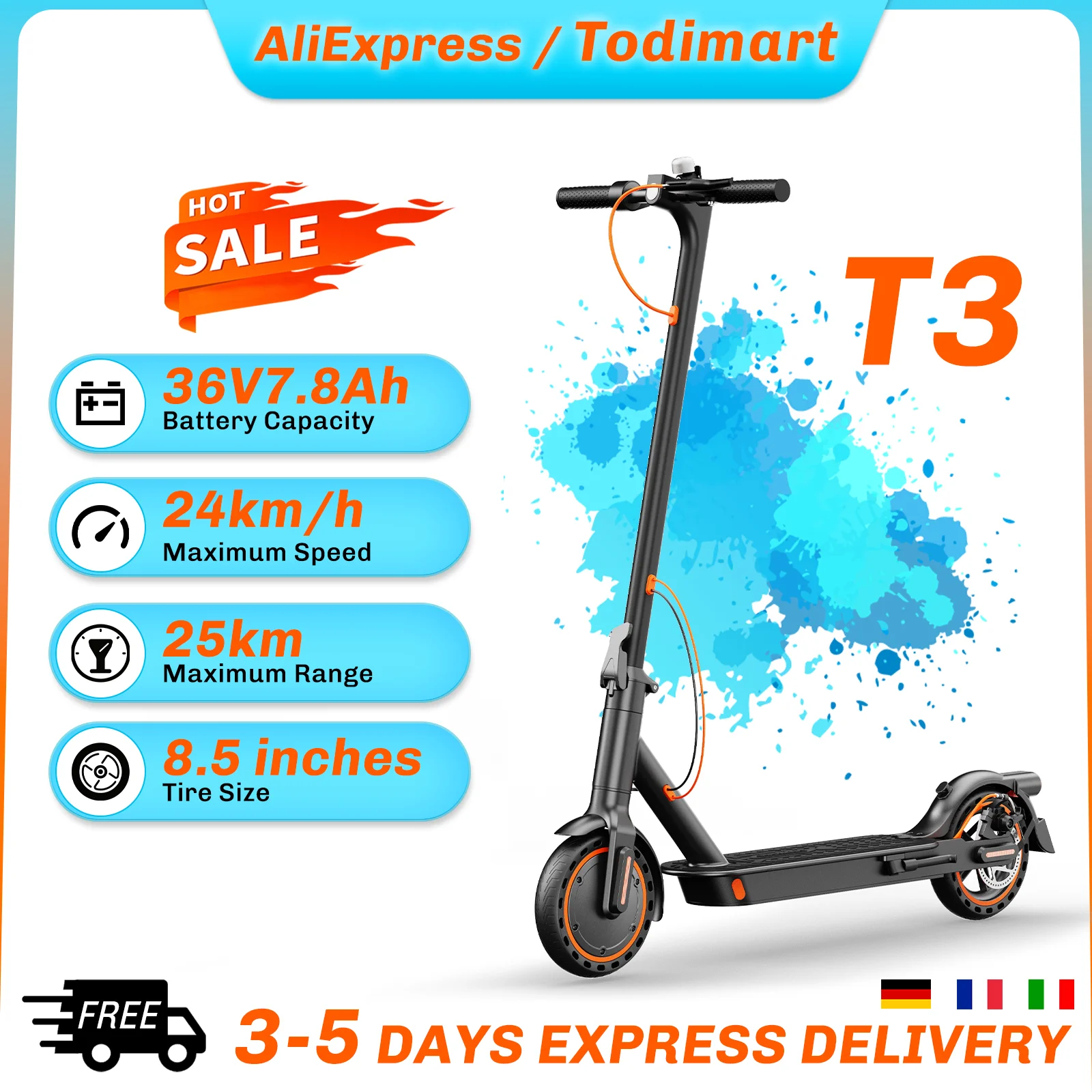 Trottinette Électrique Adulte Pliable TODIMART T3 8,5" Moteur 250W Batterie 36V 10,4Ah,  Autonomie 30KM, Trottinette de Ville avec APP