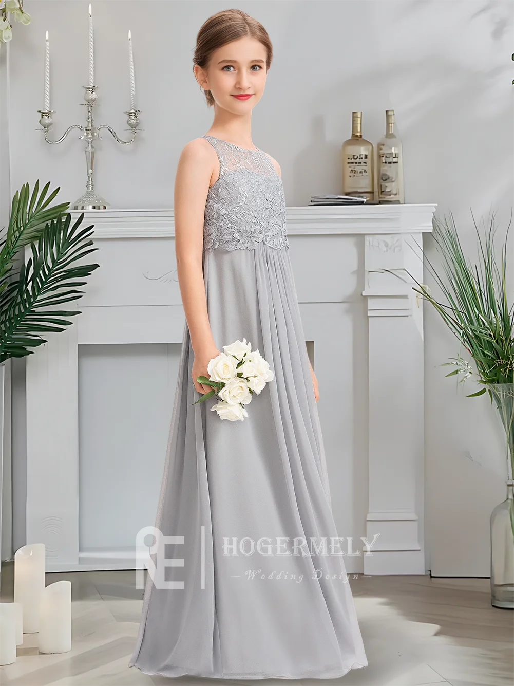 

A Scoop Neck Junior Bridesmaid Dress Moonlight Silver Flower Girl Dress Floor-Length Chiffon Lace Sacred Communion Gown
