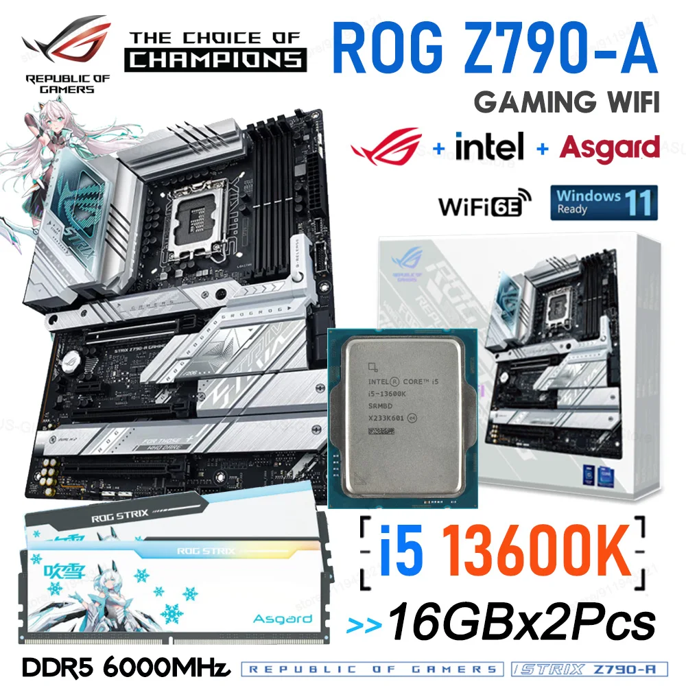 ASUS ROG STRIX Z790-A GAMING WIFI DDR5 M.2 Gaming Motherboard With Intel Core i5 13600K CPU Asgard 6000Mhz 32GB RGB Memory Combo