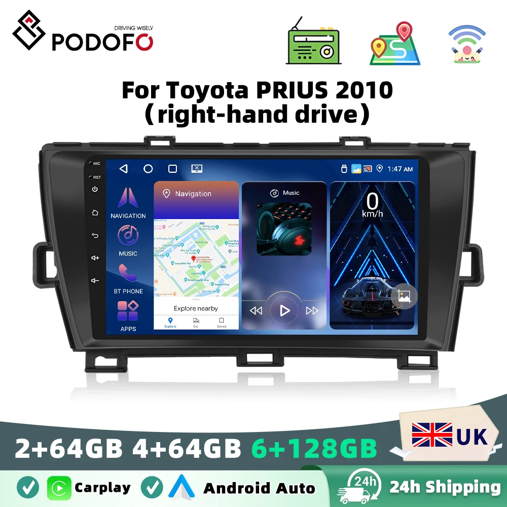 Podofo 6G+128G Android Toyota PRIUS 2010 Car Radio Multimedia Video Player GPS Navi Stereo Carplay Auto Stereo