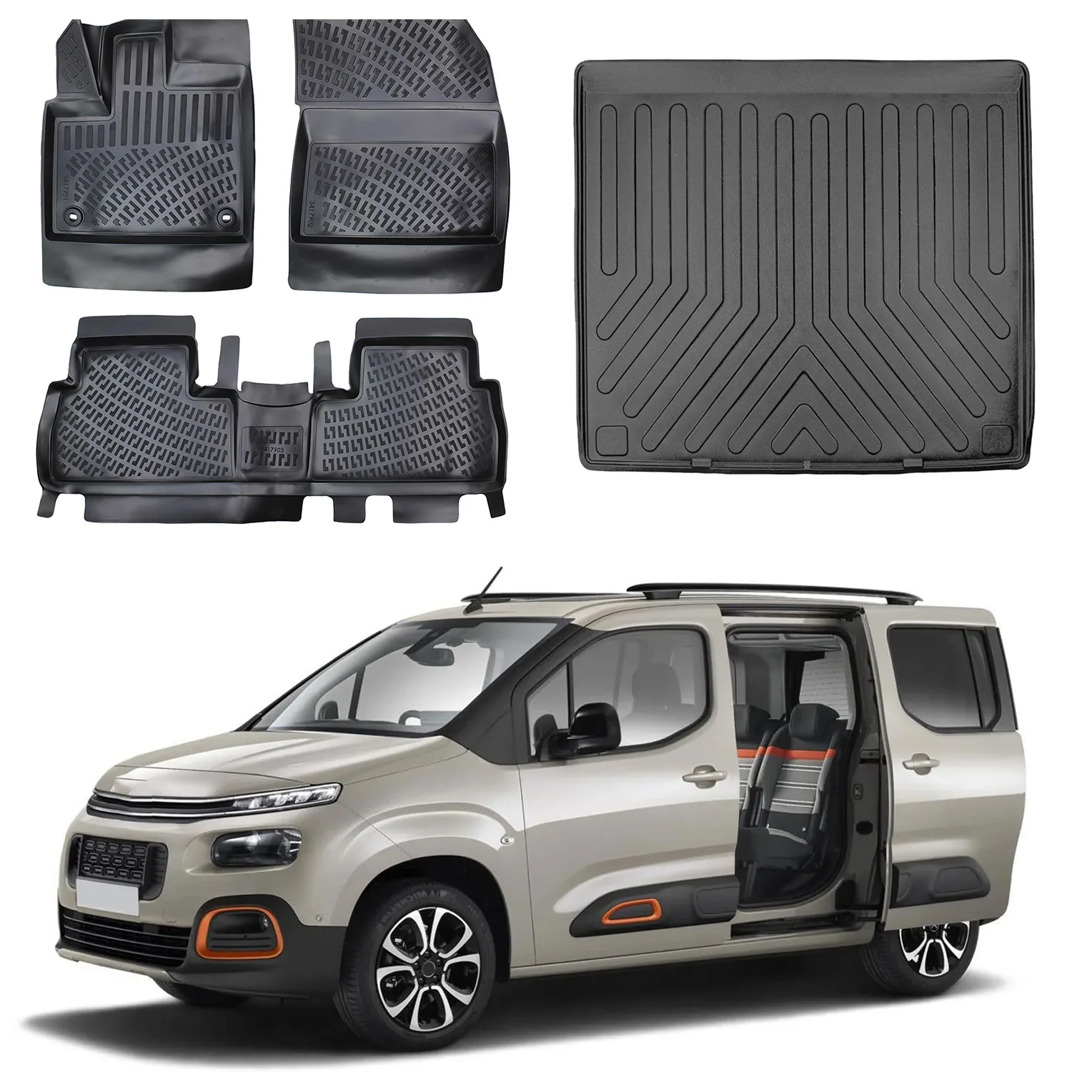 Floor Mats + Cargo Trunk Liner Fits Citroen Berlingo 2019-2024 Set - All Weather Maximum Coverage - Water Resistance