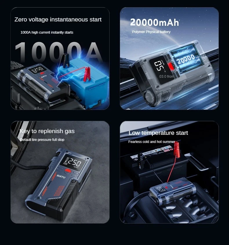 4-in-1-Autostarter mit Luftkompressor, tragbares Booster-Ladegerät, 1000A, leistungsstarkes Gerät zum Starten von Autobatterien. – Detail 5