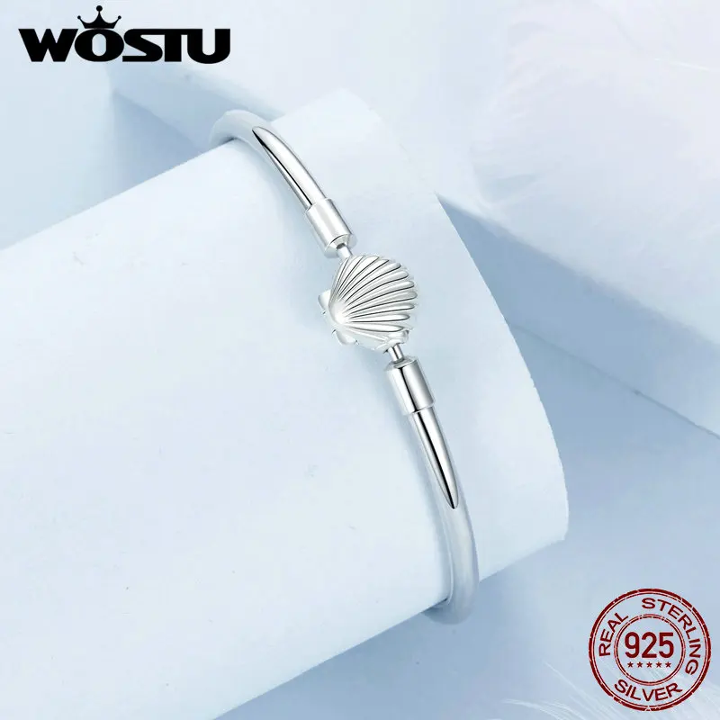 WOSTU 925 Sterling Silver Shell Basic Bracelet White Gold Plated for Women DIY Bracelet Bangel Fit beads Charms Fine Jewelry