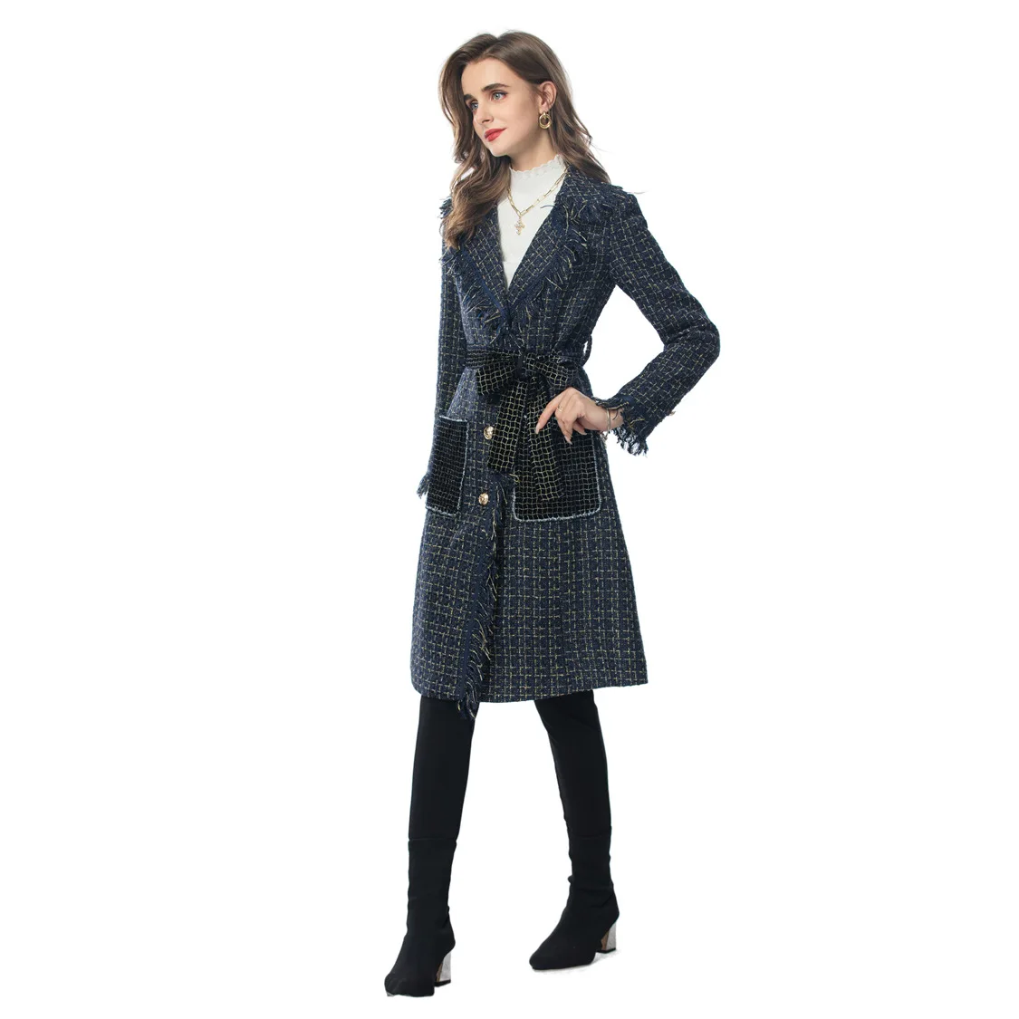 Plaid Jacket 2024 For Women Elegant Sashes Turn-down Collar Polyester Long Party Club Autumn