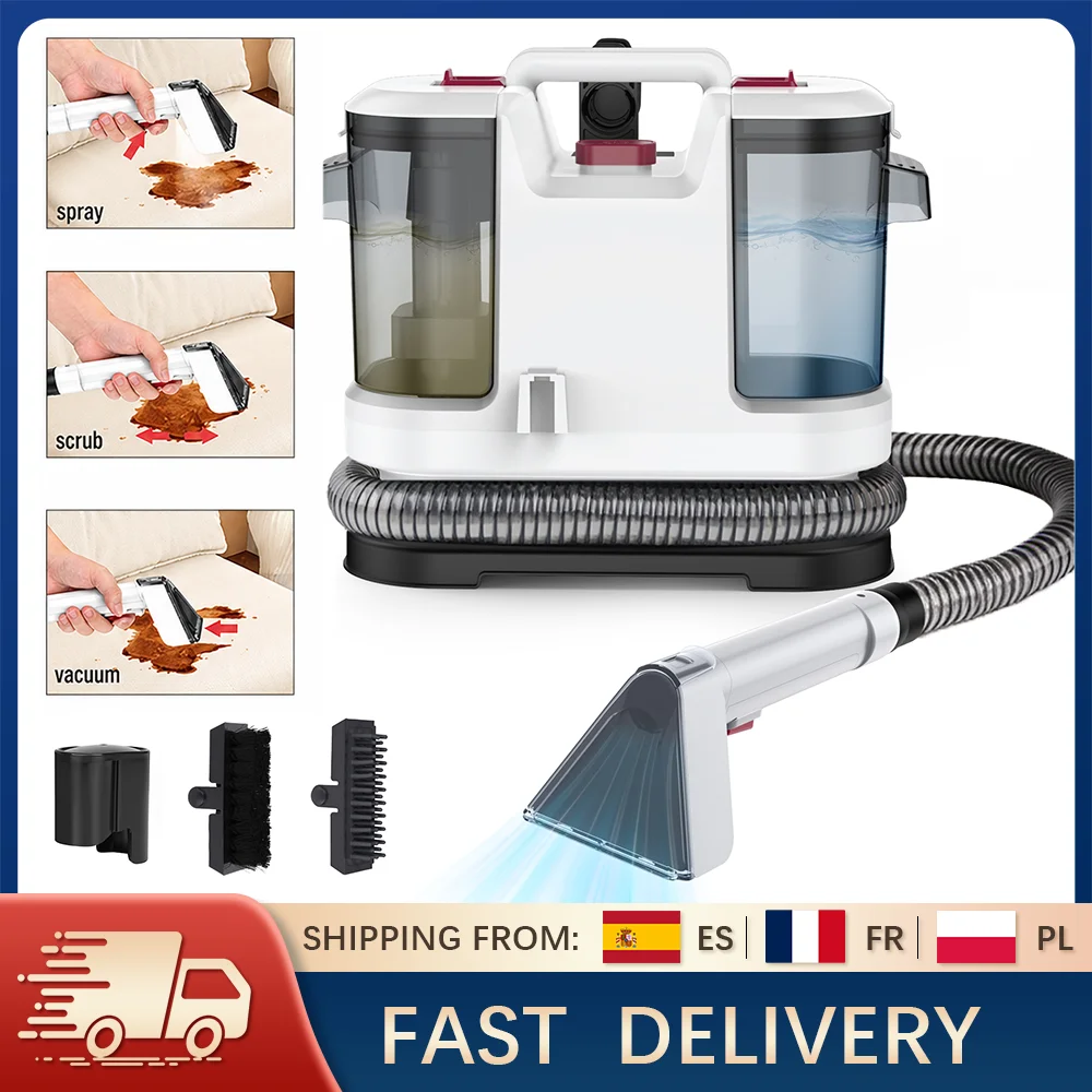 Nettoyeur de tapis portable 500W, aspirateur puissant 12Kpa avec double réservoir d'eau, 3 buses de nettoyage, pulvérisation, brosse et aspiration en un seul appareil, aspirateur humide