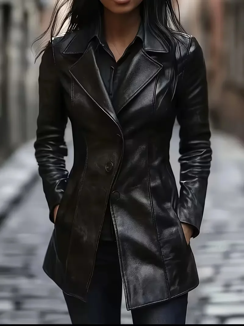 Women's Slim-Fit Pu Leather Jacket, Mid-Length Coat with Single-Breasted Design, A-Line Cut, Flared Hem, Suitable for All Seasons, Can Be Worn Both Casually and in the Workplace, Long-Sleeved Style