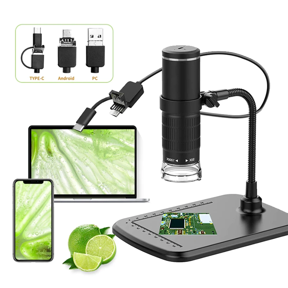 1000X 3in1 USB Digital Microscope Type-C Electronic Microscope Camera 8 LED Magnifier Adjustable Magnification with Stand