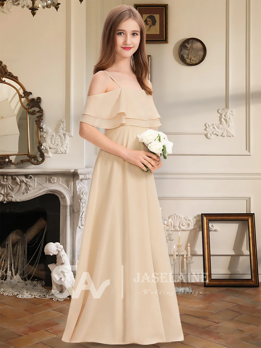 Платье подружки невесты для юниоров, шифоновое платье трапециевидной формы с открытыми плечами, длиной до пола, с каскадными оборками, платье с цветочным узором для девочек, официальная свадьба для девочек