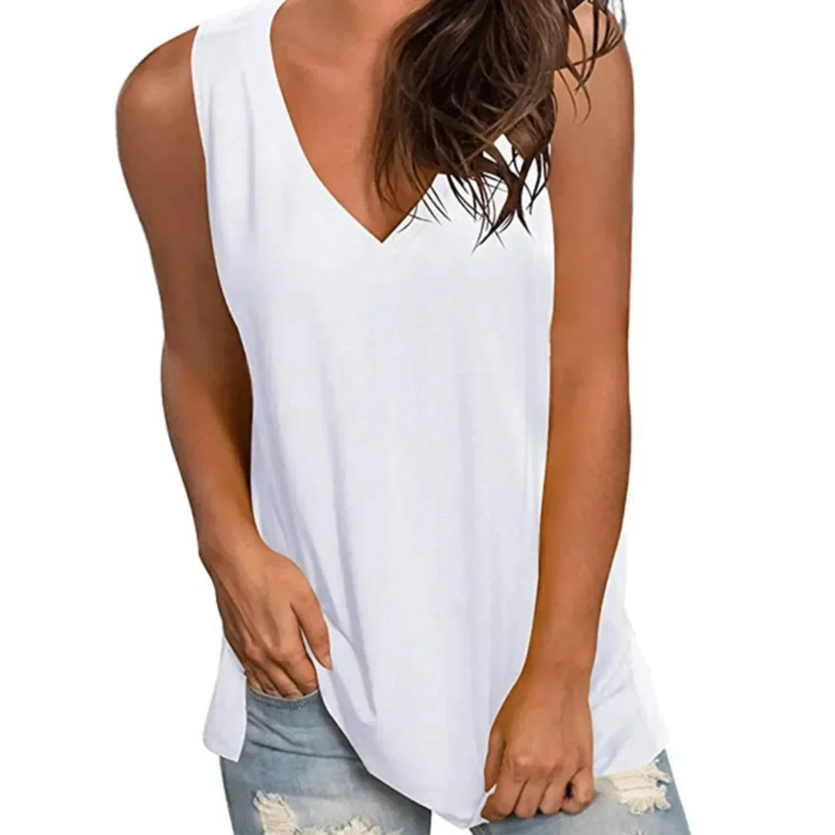 Plus Size Europese En Amerikaanse Effen Kleur Losse V-Hals Mouwloze T-Shirt Tops Voor Vrouwen In Grote Hoeveelheden In Voorraad - afbeelding 2