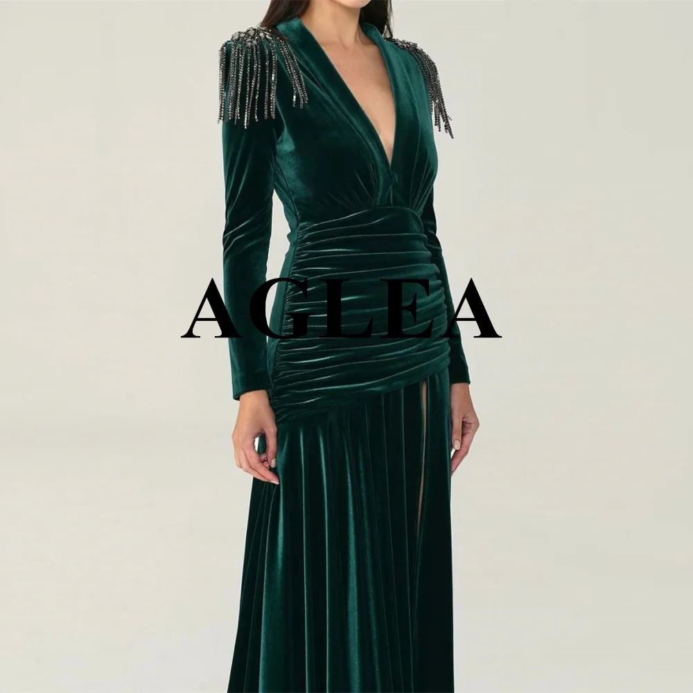 AGLEA-vestido de noche de Arabia Saudita, prenda elegante con cuello en V, longitud hasta el suelo, diamantes de imitación, borla, Velour personalizado, 2024