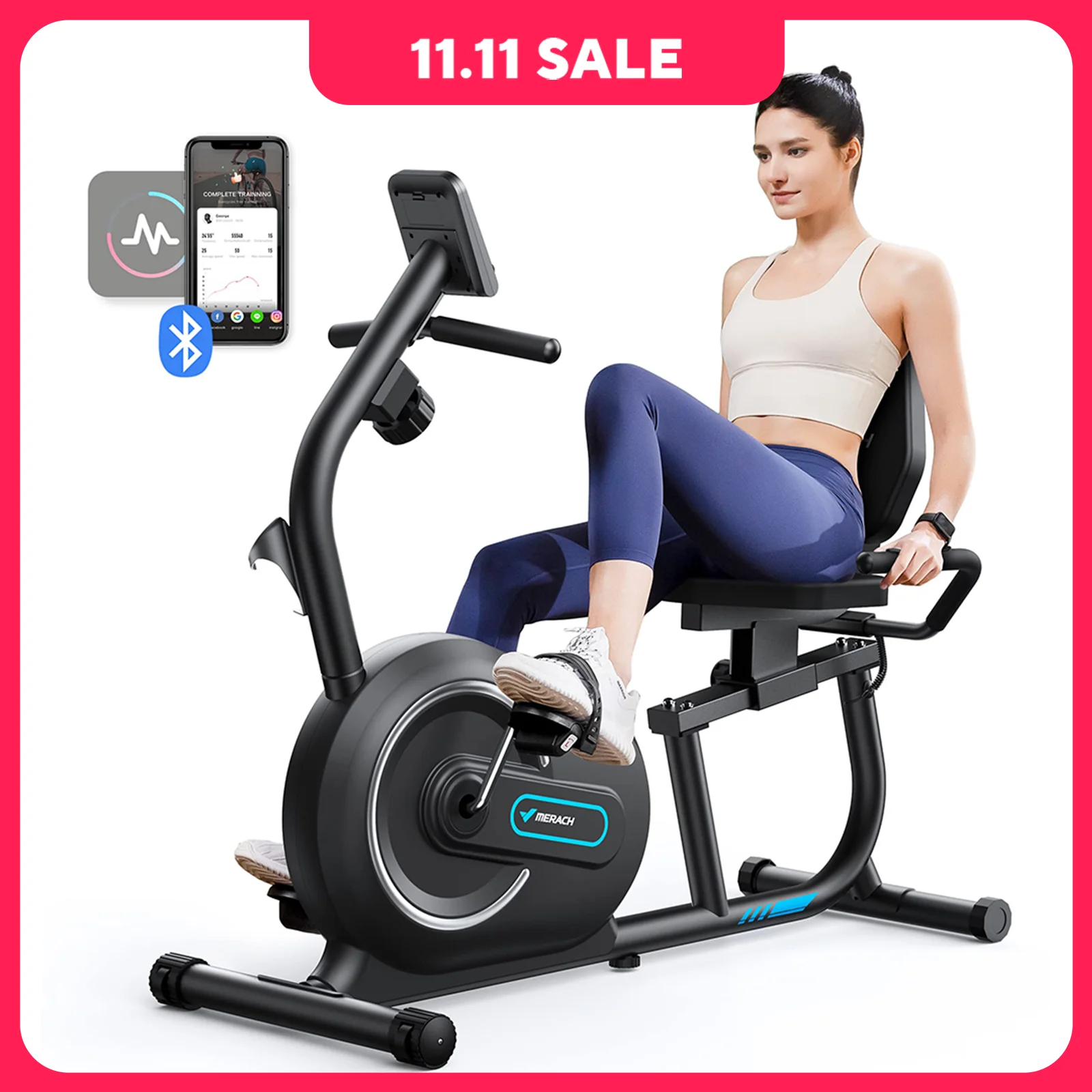 MERACH Recumbent Exercise Bike for Home Smart Bluetooth Exclusive App Connectivity LCD Heart Rate Handle Magnetic Recumbent Bike