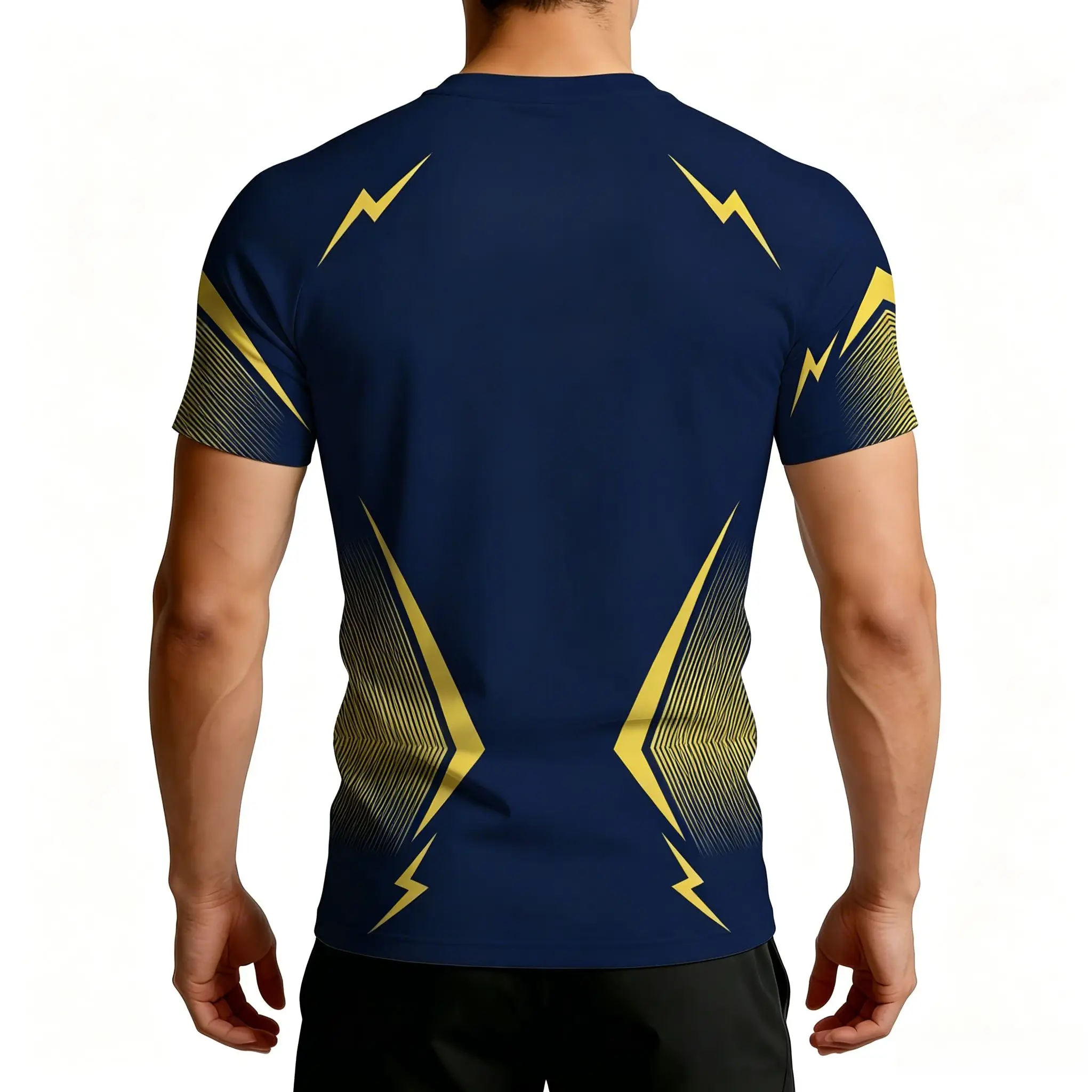 Men's Navy Yellow Lightning Graphic Compression T-Shirt, Gradient Line Print Stretch Quick Dry Crew Neck Short Sleeve Tee For Gy