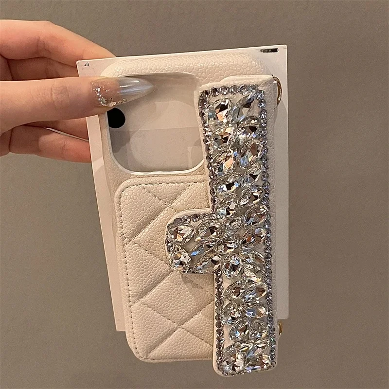 Błyszczące srebrne etui na karty z diamentami do iPhone 18 17 16 13 14 15 Pro Max, luksusowe skórzane etui z brokatem, wysokiej klasy, z kamieniami, odporne na wstrząsy. — zdjęcie produktu 7