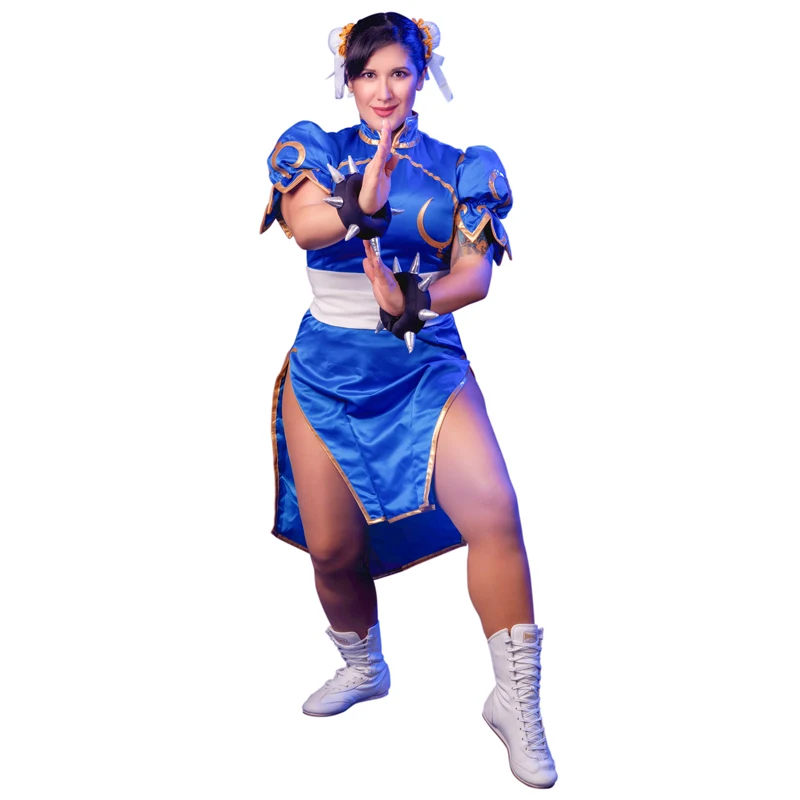 Chun Li Cosplay Costume for Adult Blue Cheongsam Halloween Party Dress Women's Superior Street Fighter Chun Li Cosplay Costume