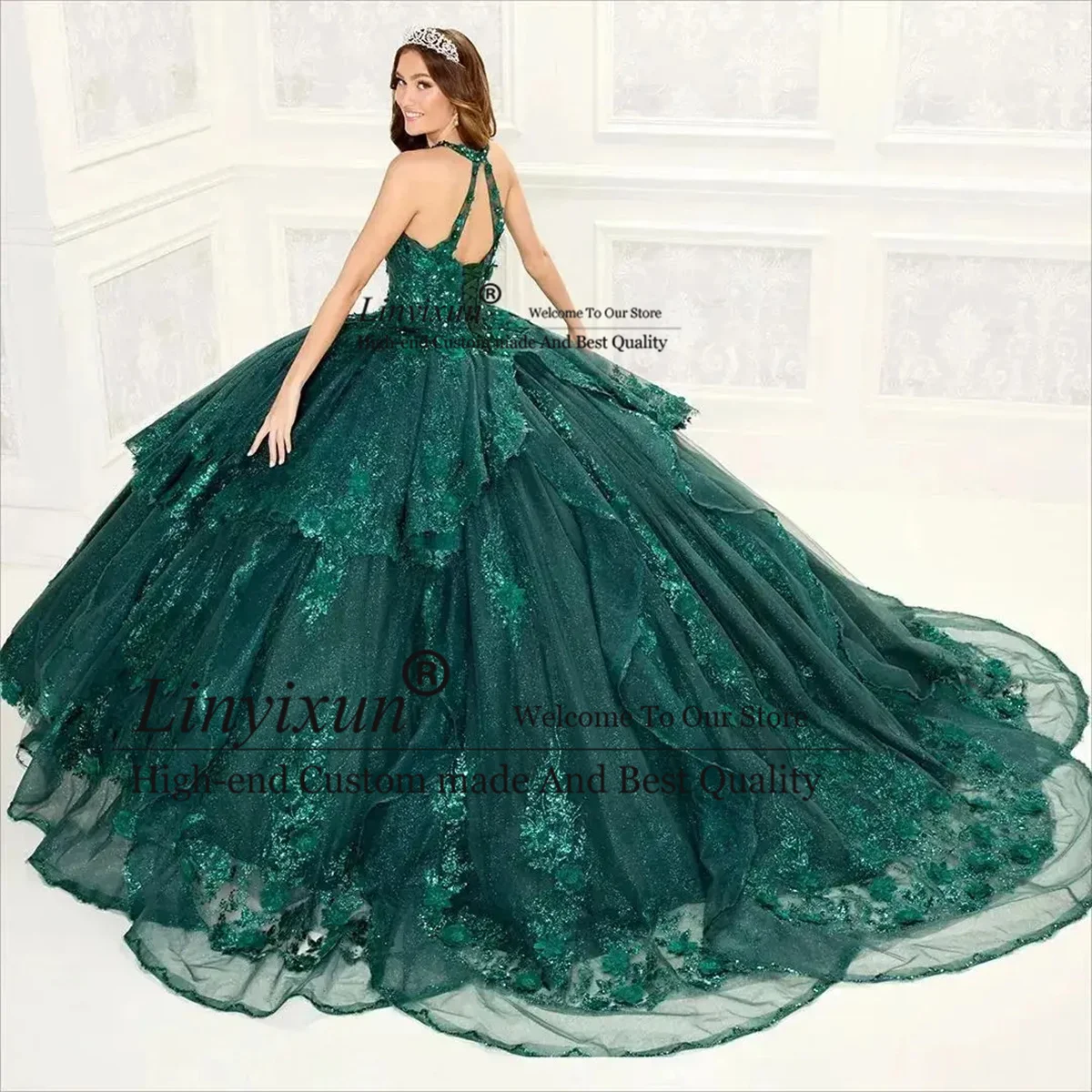 Customnized Sparkle Sequined Quinceanera Dress 3D Flowers Applique Beaded Ball Gown Sweet 16 Gown Sweep Train Vestido de 15 Años