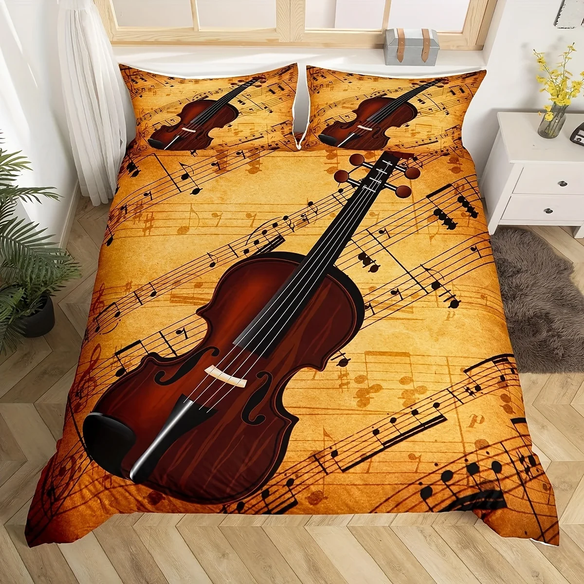 Violin Theme Duvet Cover Set Queen Size Music Notes Bedding Set 3pcs For Women Men Xmas Bedroom Decor Violin Music Lover Comfort