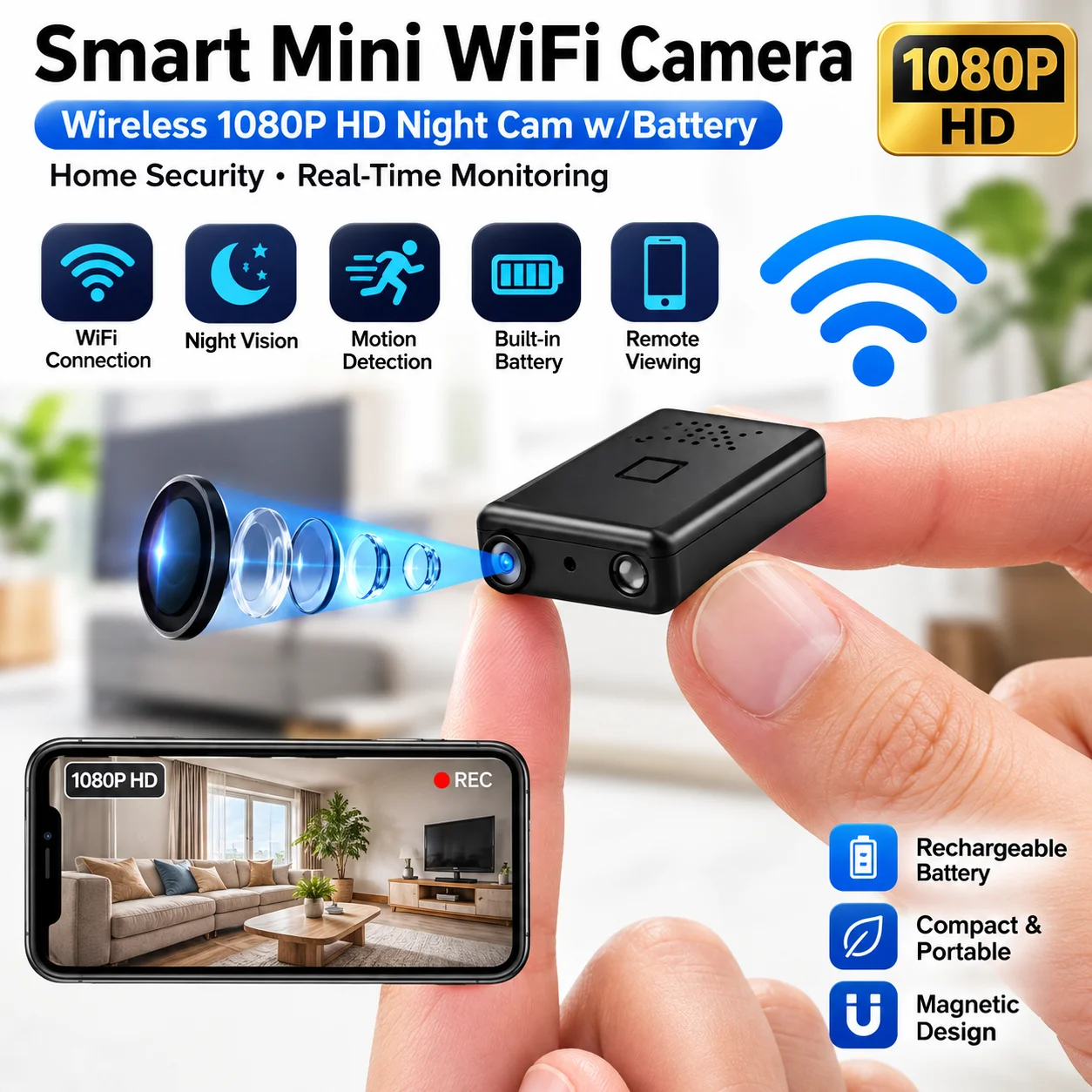 Mini WiFi Security Camera 1080P HD Wireless Video Recorder Night Vision Motion Detection Rechargeable Battery Remote Viewing For Home Office