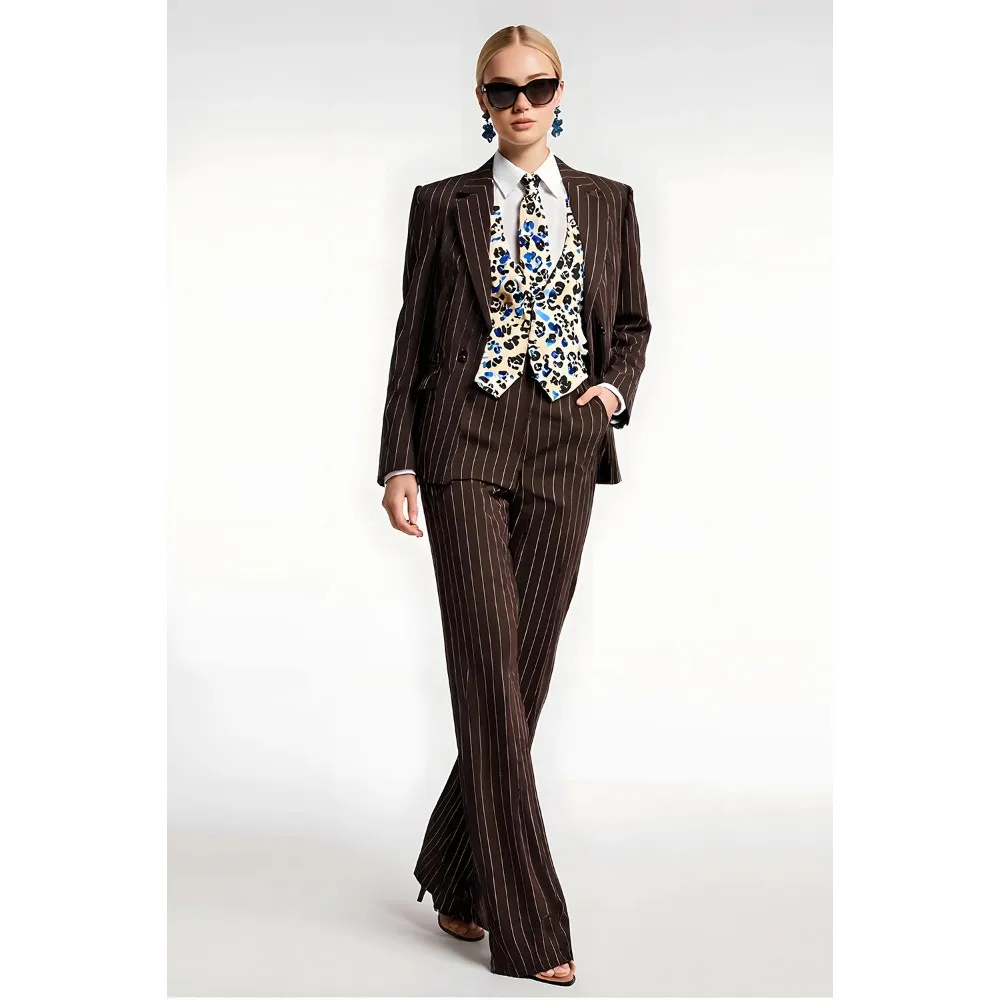 

Women’s Brown Pinstripe Suit Set with Leopard Print Vest, Stylish Blazer and Pants Office Outfit