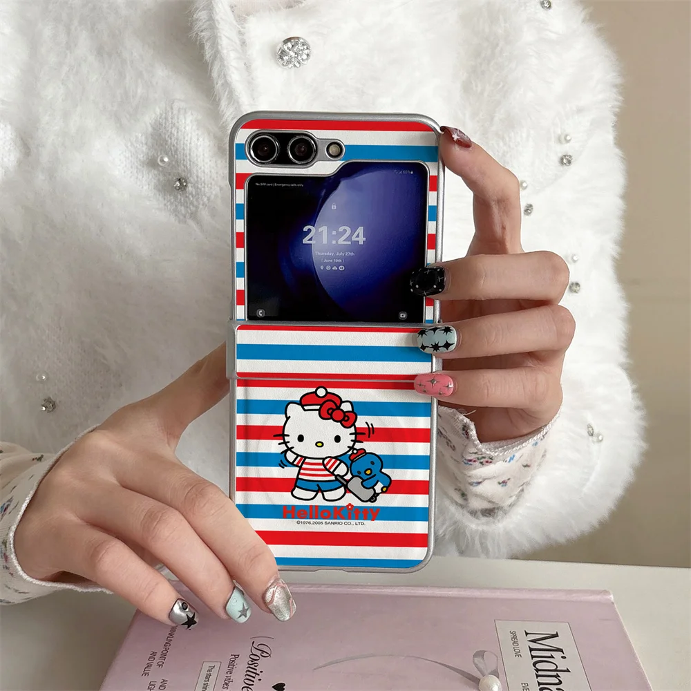 New cute French striped HelloKitty pu leather case suitable for Samsung Galaxy Z Flip 7/6/5/4 Flip 5 Flip 6 Flip 4 Fro magnetic
