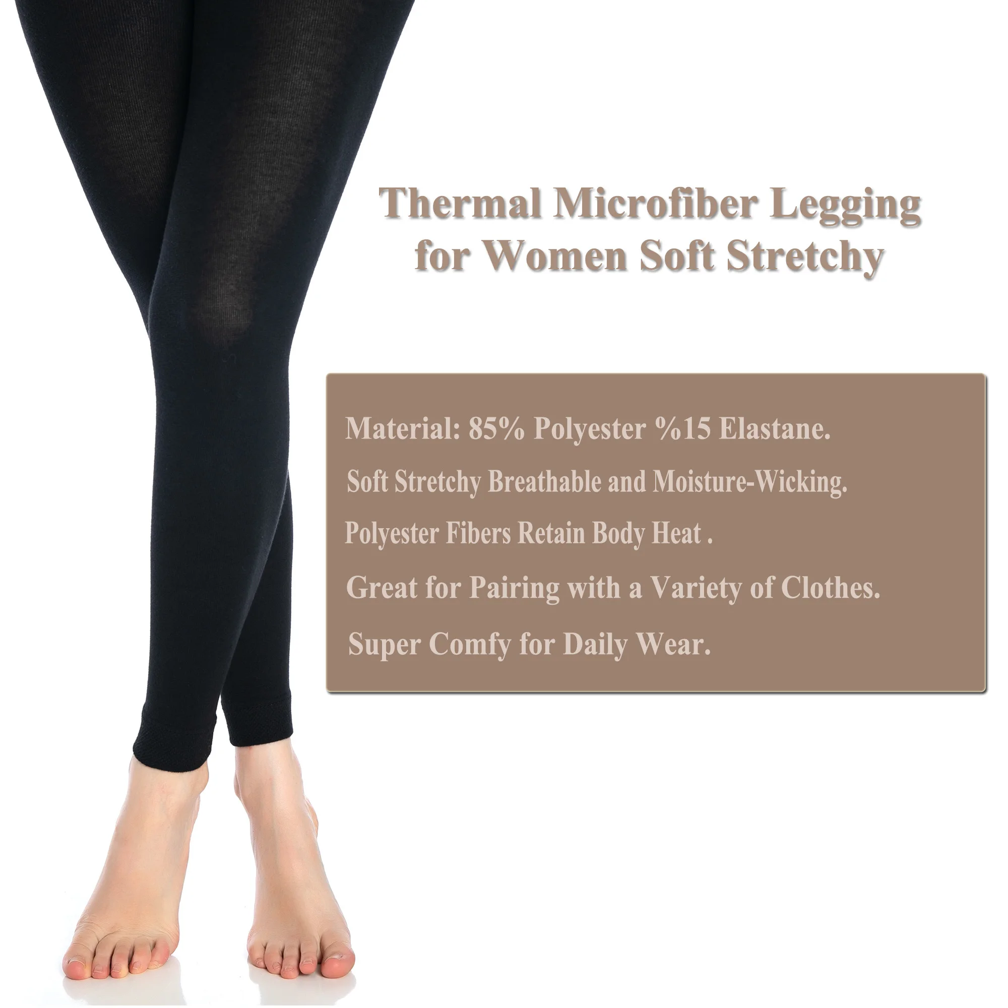 Black Thermal Leggings for Women Microfiber Soft Stretchy Full Legging