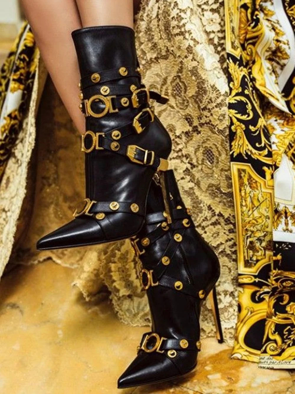 Rivet Gladiator Belt Buckle Boots Pointed Toe Stiletto Heels Mid Calf Boots Winter Luxury 2022 New Designer Sexy Shoes Party