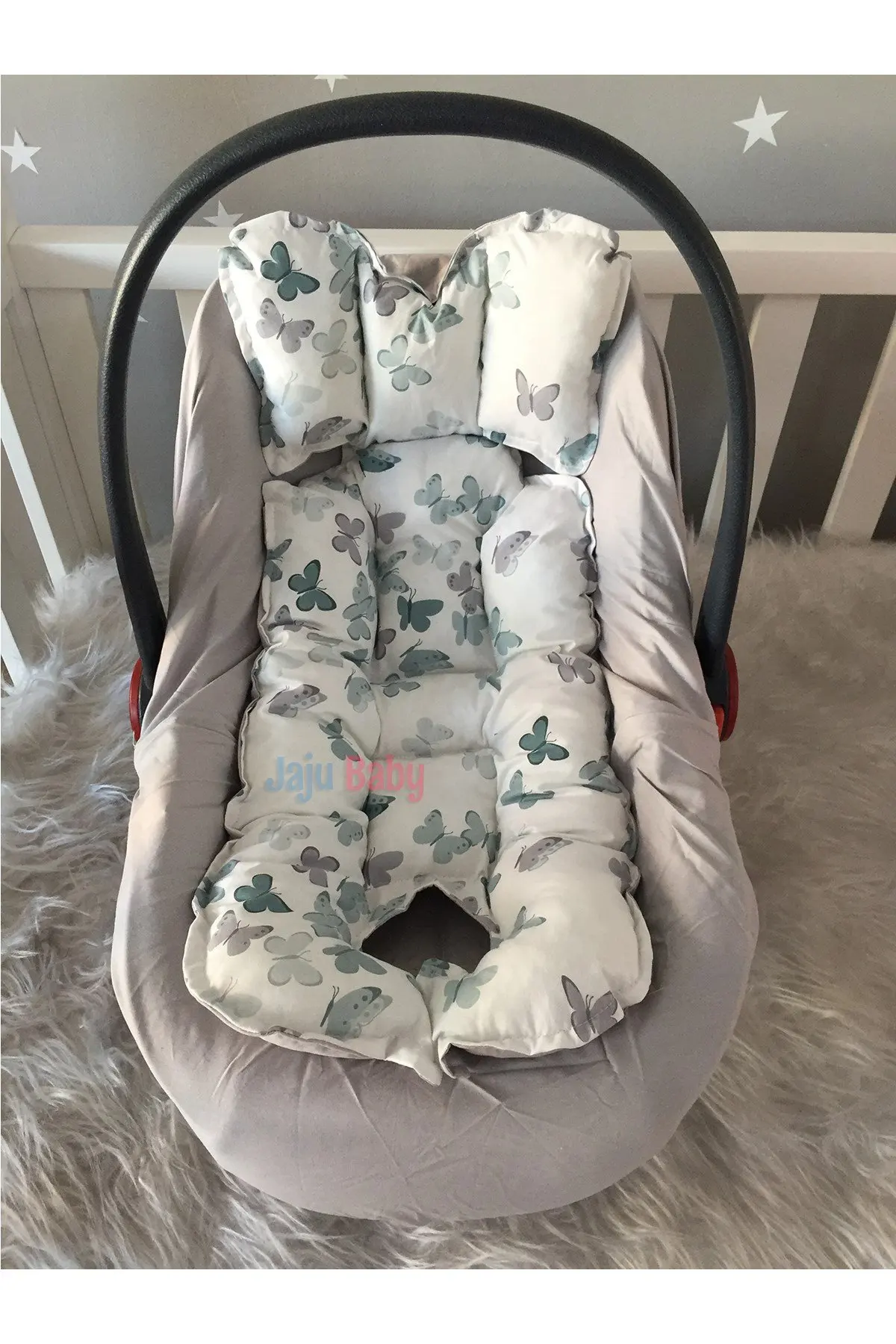 Handmade Gray Butterfly Patterned Car Seat Cushion - Stroller Cushion