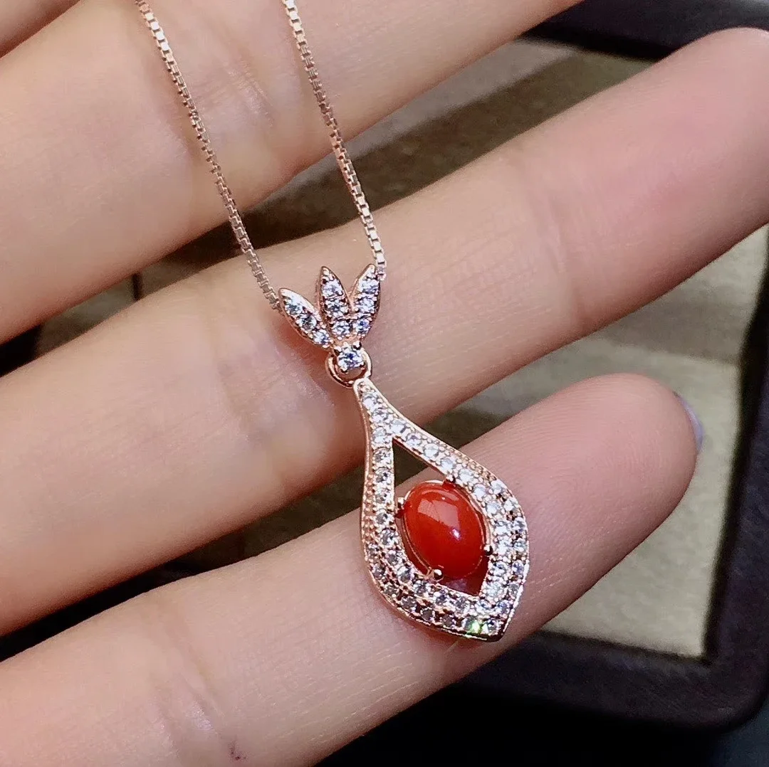 KJJEAXCMY Women Natural Red Coral Gem Necklace Pendant Ring Earring Set 925 Pure Silver Plated Rose Gold Water Drop Party Gift