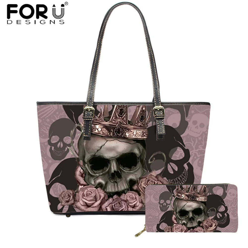 

FORUDESIGNS Rose Skull Pattern Women Fashion Handbag and Wallet Set Cool Personality Outdoor Leisure Saddle Bag for Young Ladies