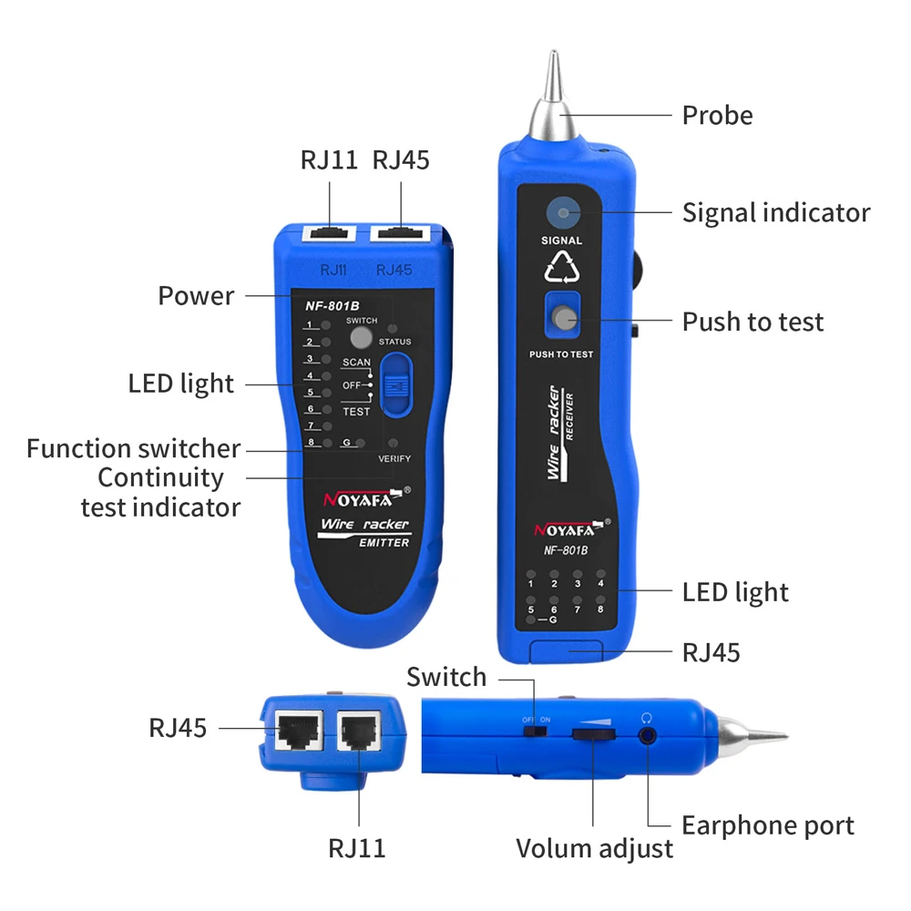 Imagem -02 - Nayafa Nf801b Cabo de Rede Testador Rj11 Rj45 Crimper Ethernet Fio Rastreador Multifunções Linha Localizador Iluminação Led