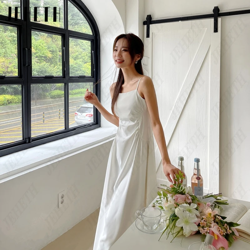 JEHETH Pleat Square Neck Korea Bridal Gown Women Spaghetti Straps Simple Wedding Dress A-Line Satin 웨딩드레스 Photography Tea-Length