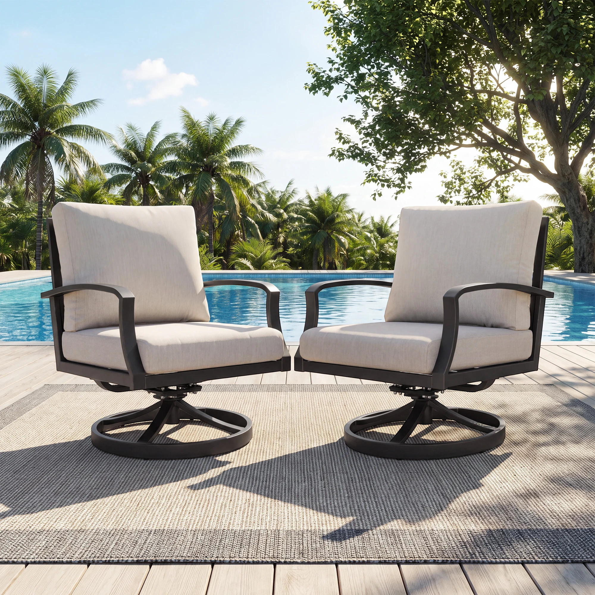 SEEHILL Patio Swivel Armchairs Set of 2, Never-Rust Aluminum Swivel Sofa Chairs with Thick Cushion, Wide Seating Outdoor Sofa Chairs Backyard Club Chairs for Poolside, Porch, Indoor, Dark Bronze