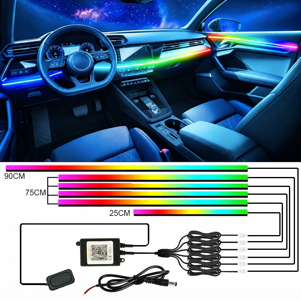 Kit luci ambientali RGB Dreamcolor per interni auto, strisce LED decorative 6 in 1 per cruscotto e pannelli delle portiere, illuminazione ambientale per auto controllata tramite APP, decorazione