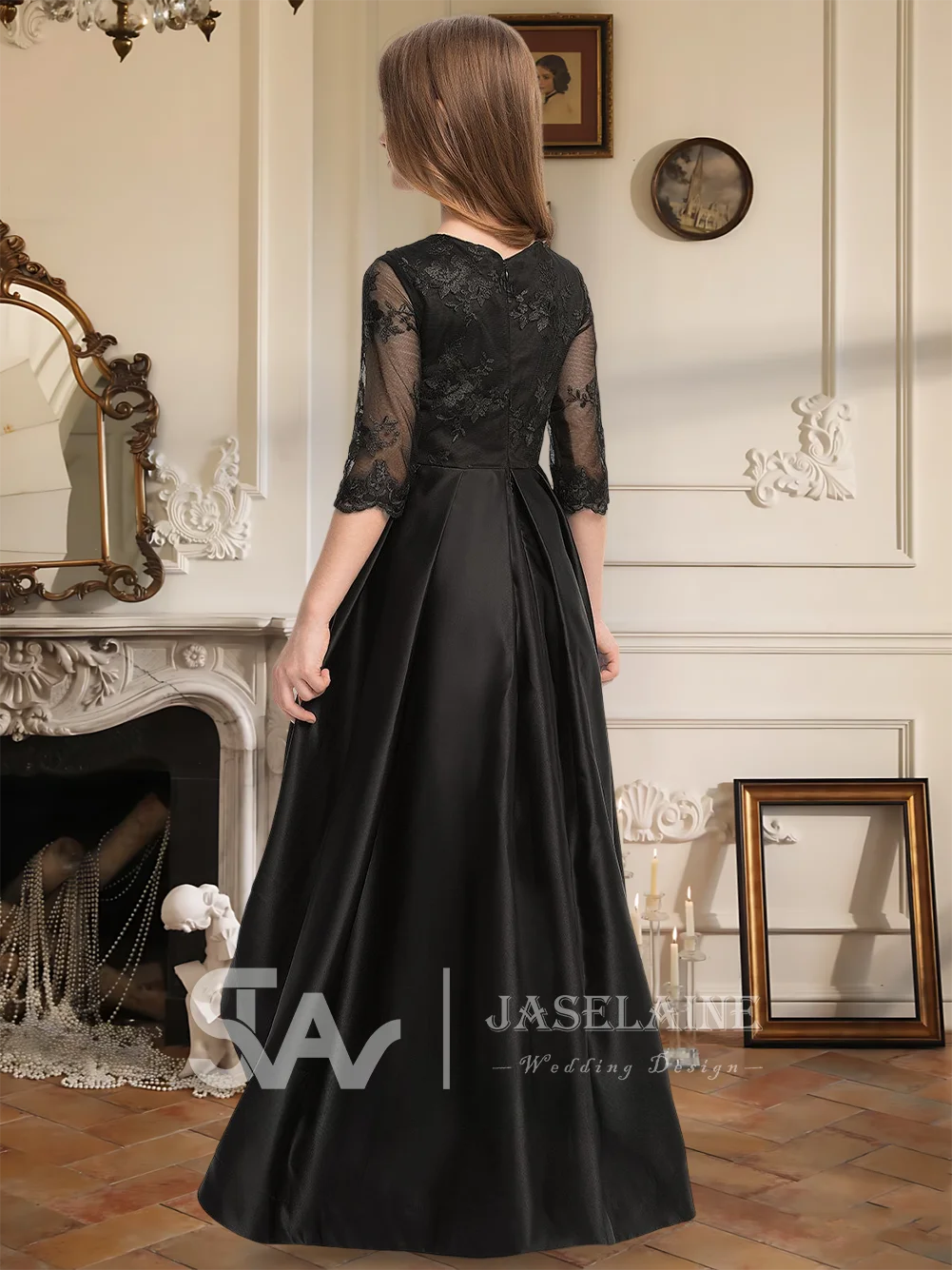 キッズAラインスクープジュニアブライズメイドドレスフラワーガールドレスハイローアシンメトリーサテンレースハーフスリーブウェディングフォーマルドレス