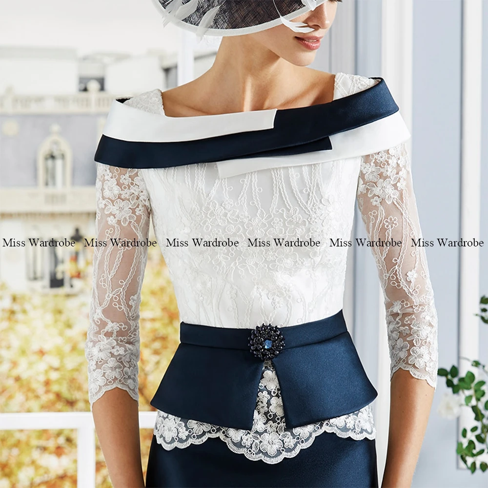 Modern Lace Mother Of The Bride Dresses Sheath 3/4 Sleeves Knee Length Applique Short Groom   Dress For Wedding