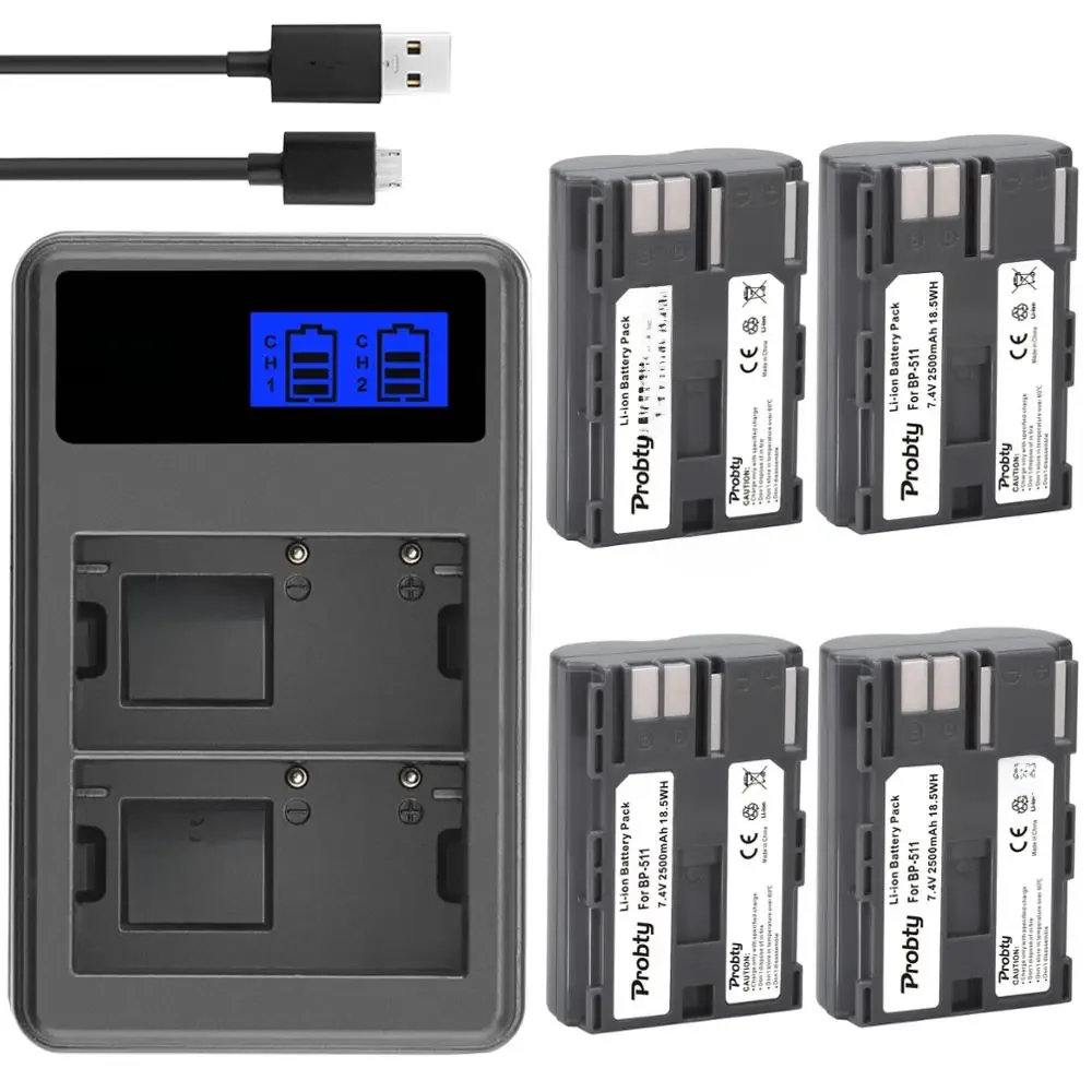 Bateria 7.4V 2500mAh BP-511A BP-511 BP 511 511A BP511 BP511A + Ładowarka USB z wyświetlaczem LCD do aparatu Canon EOS 40D 300D 5D 20D 30D 50D — zdjęcie produktu 7