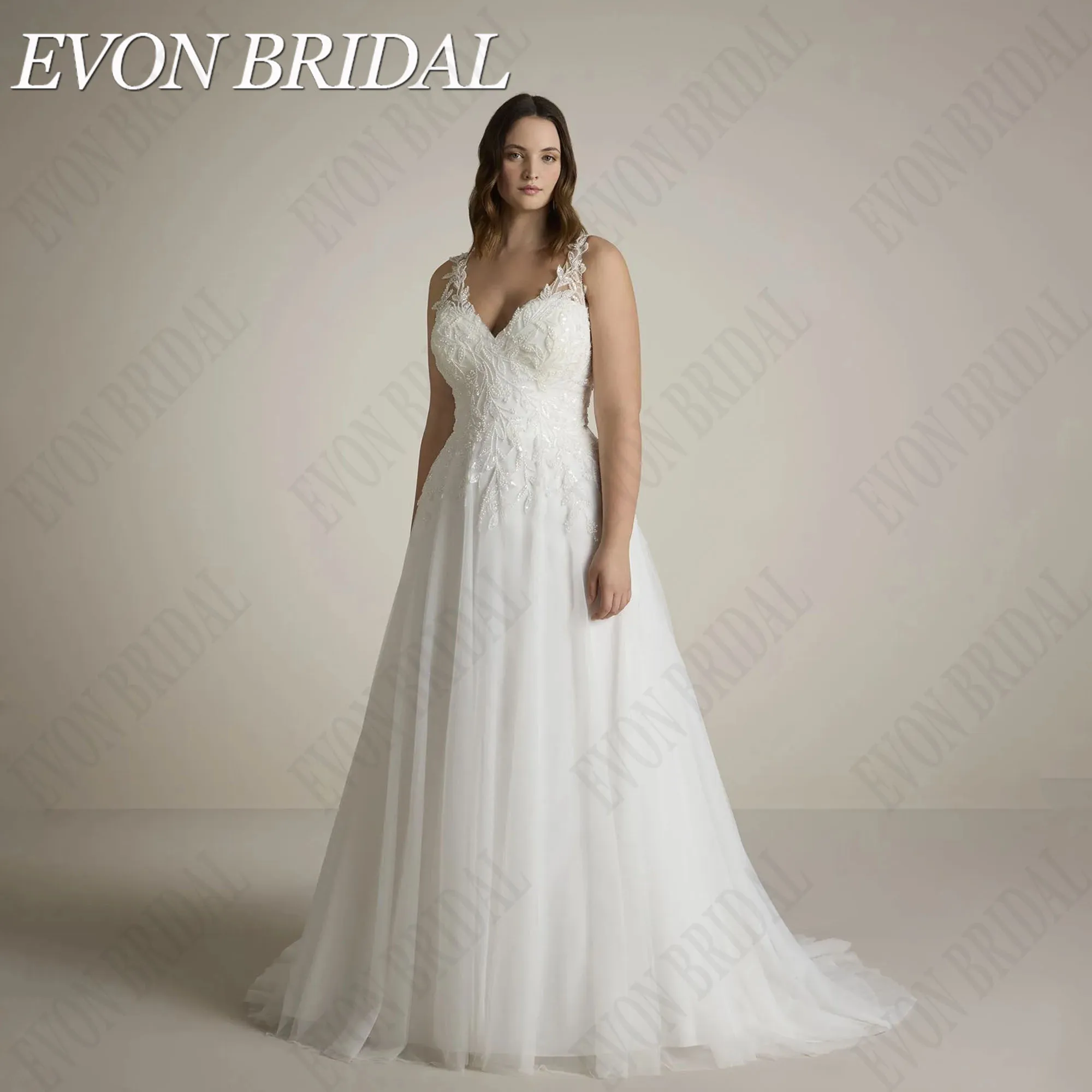 

EVON BRIDAL Plus Size Backless Wedding Gowns Beading Bride Dresses V-Neck A-Line Sleeveless Bridal Dress 2024 Applique Custom