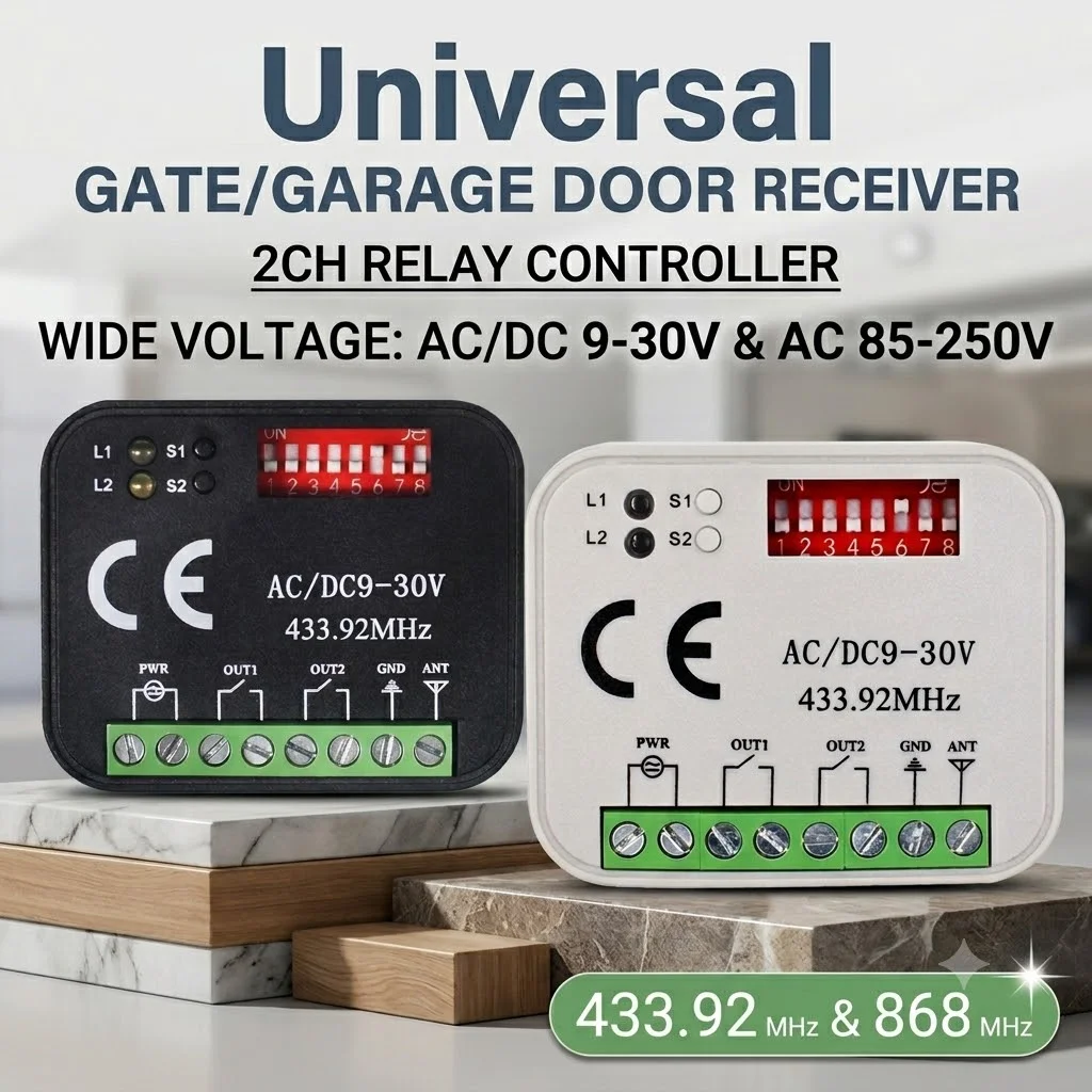 

2CH Universal Garage Door Receiver Relay Frequency 300-868MHz 433.92MHz Gate Controller Switch AC/DC 9-30V 85-250V Module