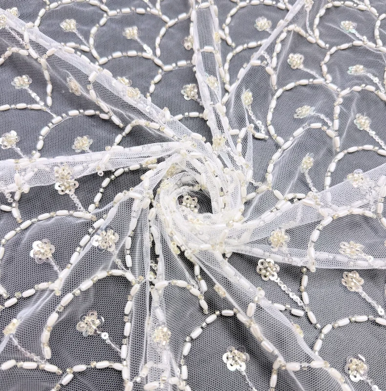 French Tulles Embroidery Fabric and Lace Scale pattern With Sequins and Bead tube for Sewing Party Dress fashion fabric Material
