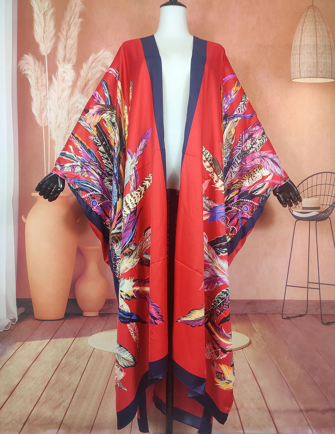 

Kuwait Muslim Women Popular Feather Printed Silk KImonos Plus Size African Lady Beach Bikini Loose Cardigans Streetwear Duster