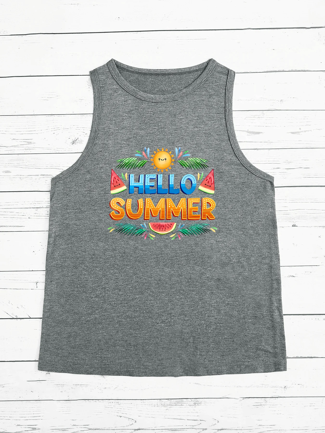 Hello Summer Palm Tree Watermelon Fashion Funny Sports Women's Tank Top Loose O Neck Sleeveless Casual Tank Top