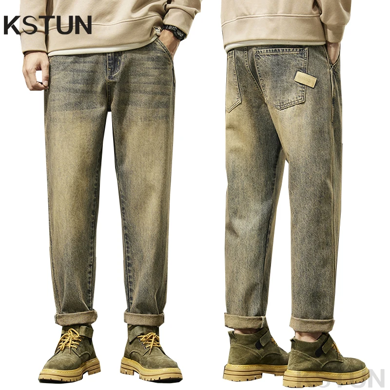 KSTUN Loose Jeans Men Harem Pants Denim Trousers Retro Blue Fashion Paches Pockets Mens Clothing Trousers Vintage Oversize 40 42