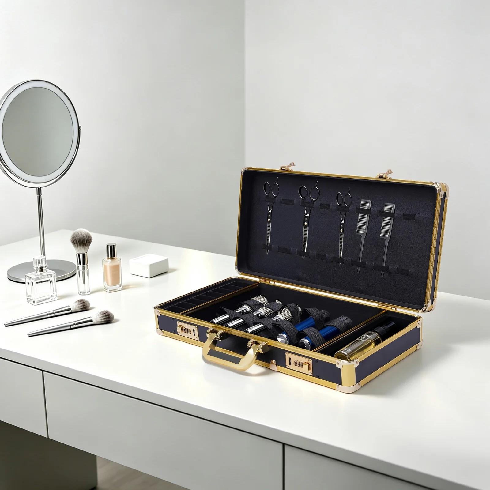 Barber Case Aluminum Alloy Stylist Tool Box with Password Lock Large Capacity Storage Organizer for Salon Barber Makeup Travel