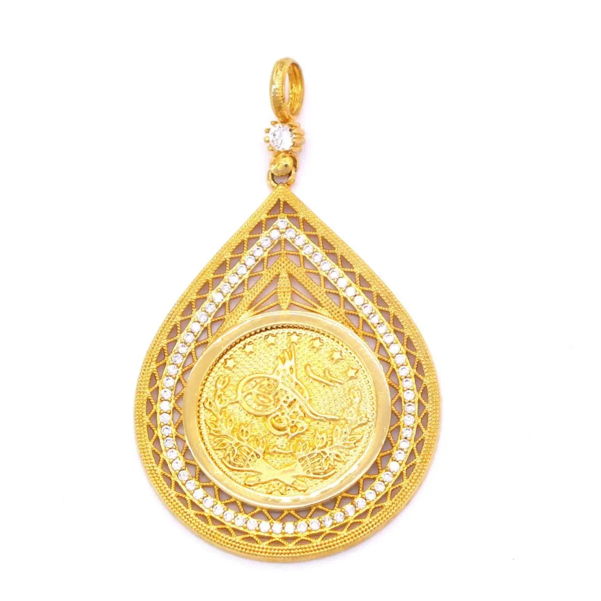 Gold Plated Women's Pendant Chain Tugra Drop Pattern Zircon Stone Round New Fashion Turkish Tradition Wedding Engagement Gift