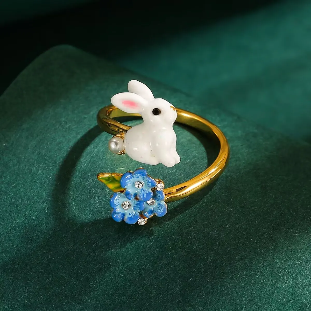 Arlea Blue Flower Rabbit Ring for Women Hand-made Enamel Flower Ring Rabbit Ring Original Design Opening Ddjustable Finger Ring